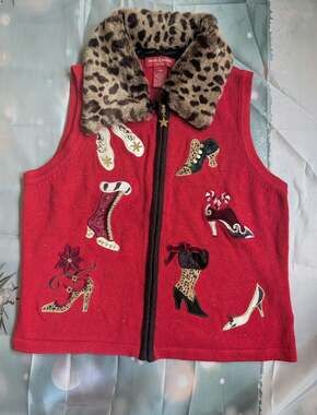 Vintage Merry & Bright Ugly Christmas Sweater Vest Embroidered Shoes Boots Sz PM